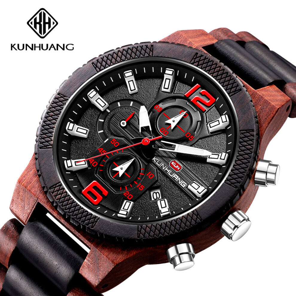 KUNHUANG sports wooden watch multi-function quartz men's watch wood watches large watch KH1019