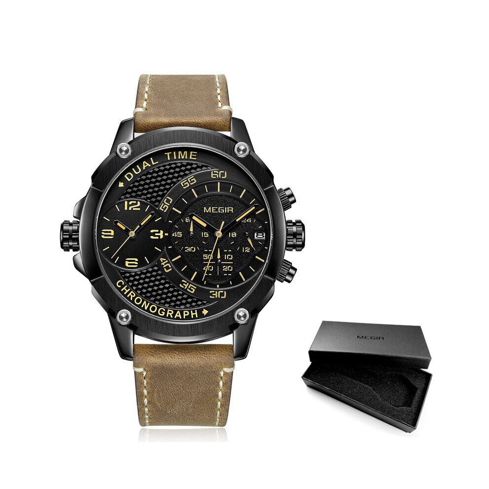 Men Dual Time Zone Chronograph Sport Quartz Watch Men Wrist Watches Creative Leather Army Military Wristwatches Clock Hour