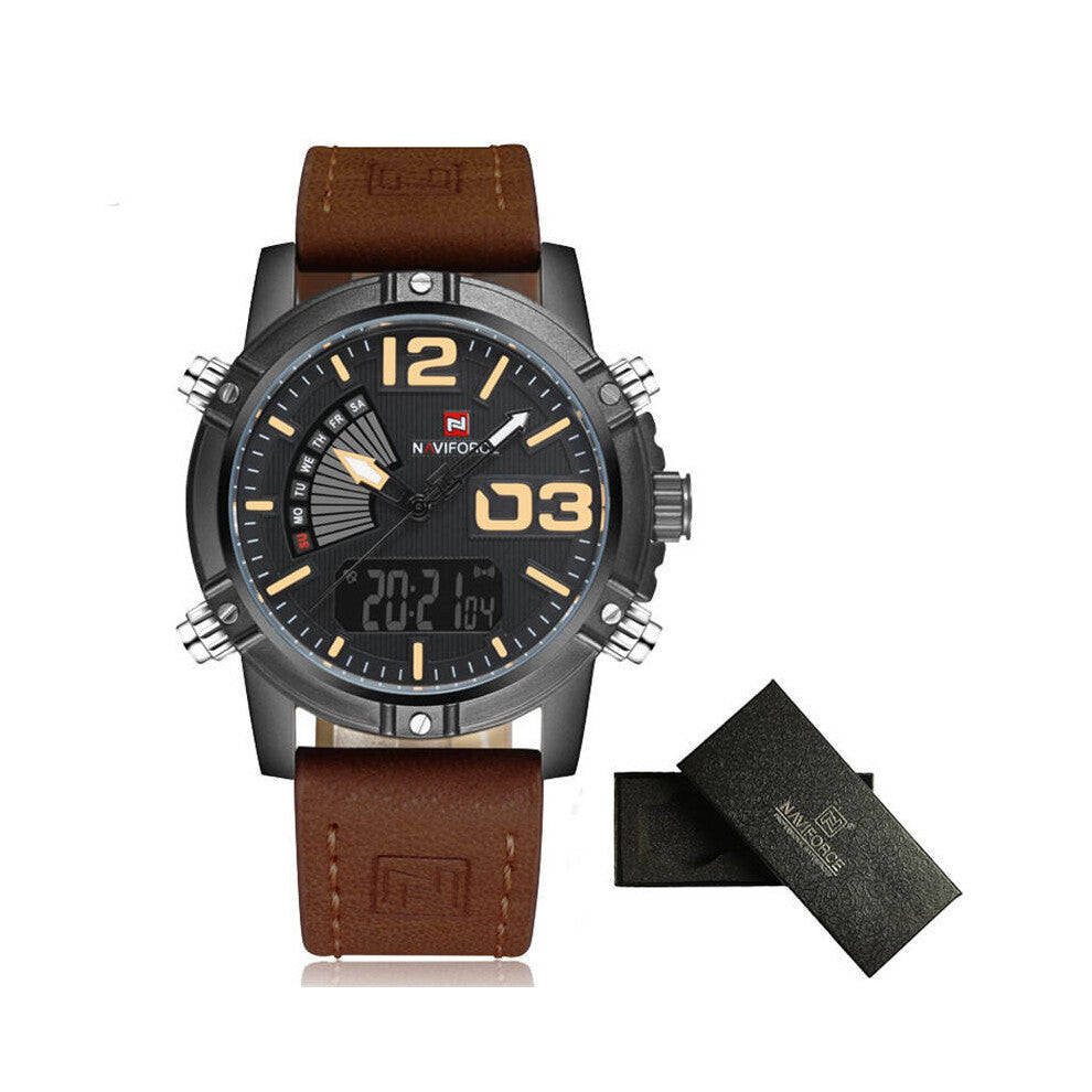 Men's Watch Dual Display Watches Men Military Sports Quartz Watch Back Light Leather Relogio Masculino