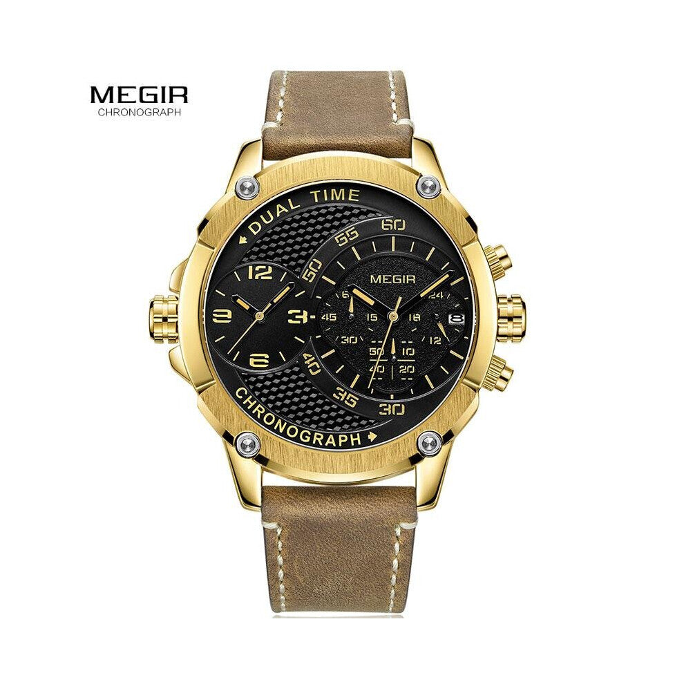 Top Men's Double Time Zone Chronograph Quartz Watches Waterproof Lumious Leather Band Army Sports Wristwatch