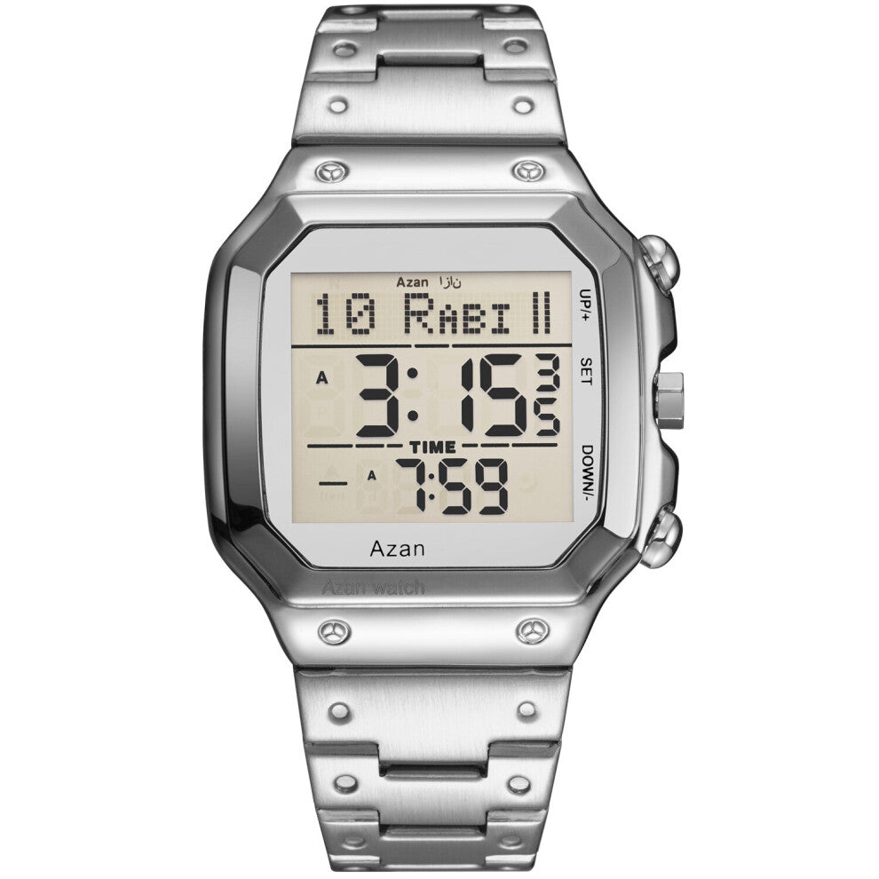 Arabic Watch Stainless Steel Digital Watches Islamic Qibla Direction Al Azan Wrist Watch for Muslim Prayers 6001