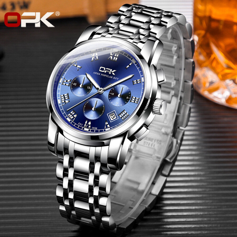 OPK Men's Watches Multifunctional Chronograph Quartz Watch for Man Waterproof Stainless Steel Wristwatch Date Luminous