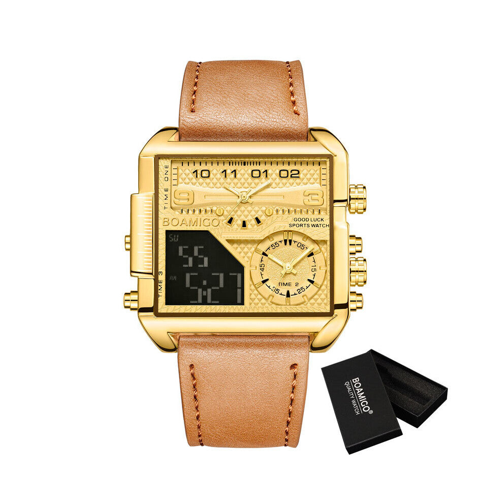 Top Men Watches Sport Square 3 Time Zone large Big Quartz leather male Watch for Men waterproof