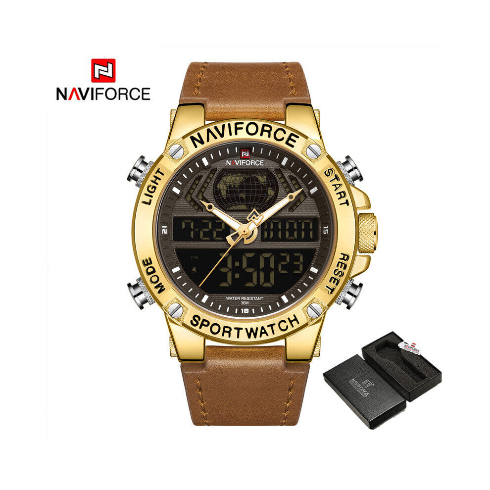 Watches for Men Leather Sport Dual Display Quartz Wrist Watch Military Waterproof Luminous Clock