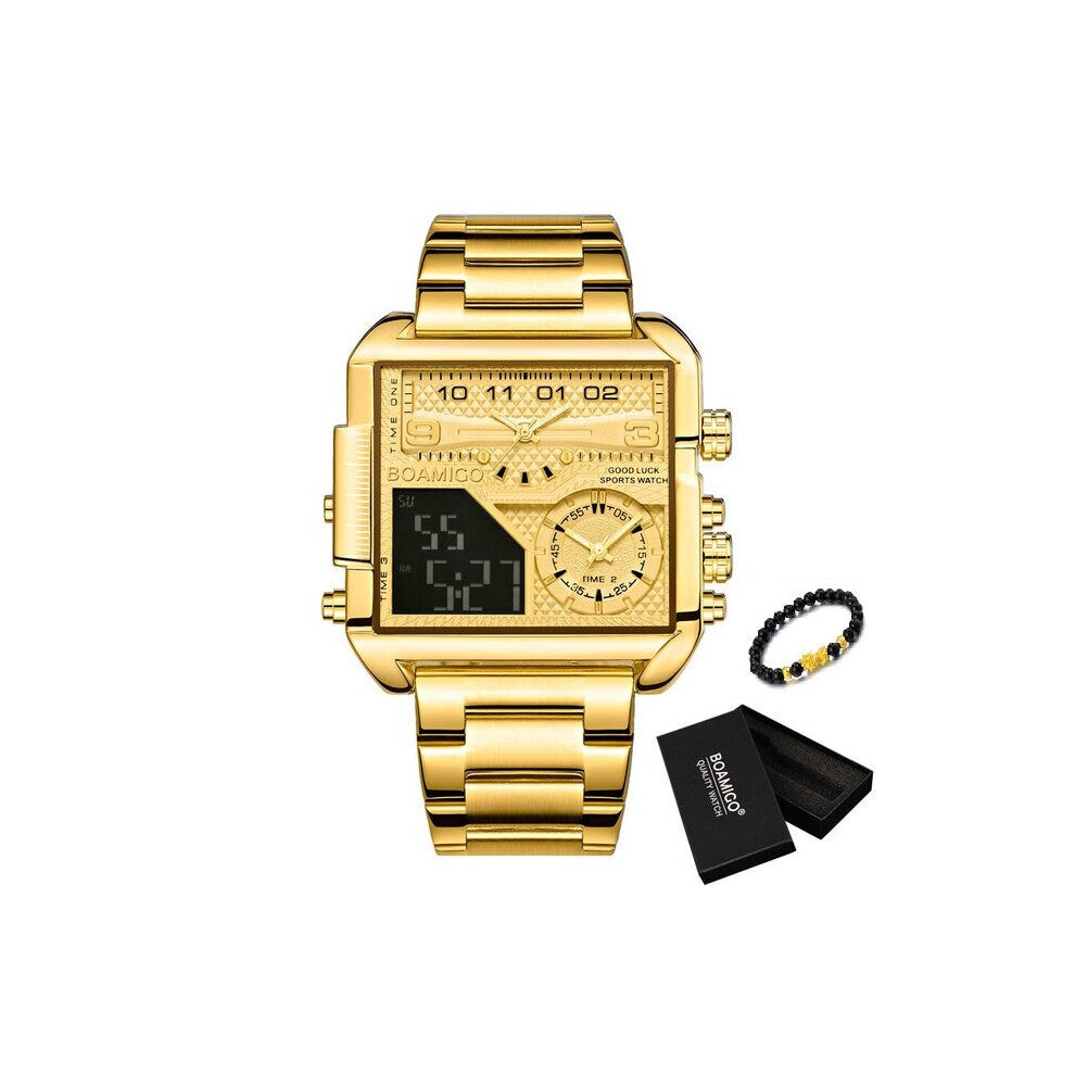 3 Time Zone Analog Digital Watch Men Stainless Steel Sport Square Quartz Watches Waterproof Clock