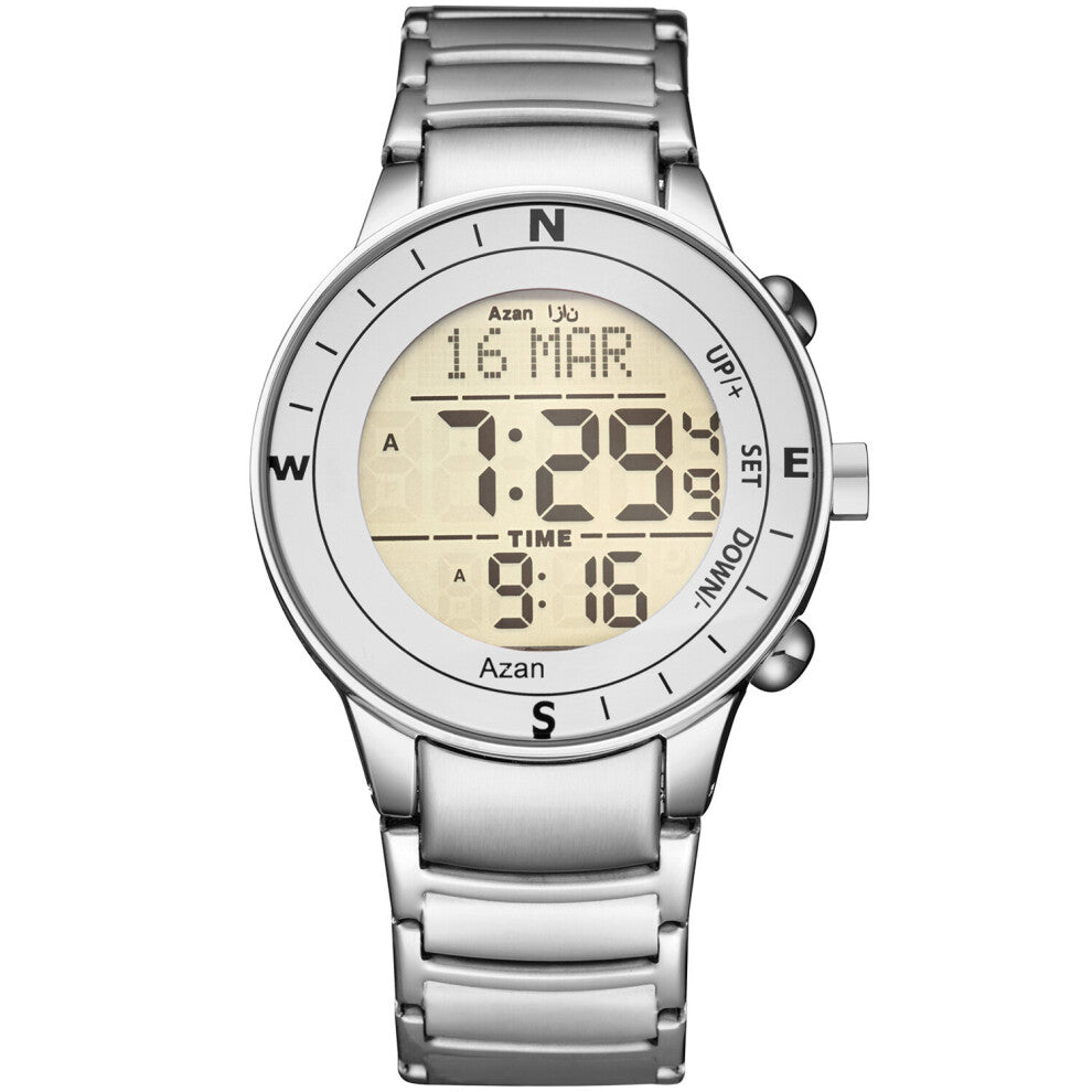 arrival Stainless Steel Digital Watches arabic Islamic Qibla Direction Al Azan Wrist Watch for Muslim Prayers 6004