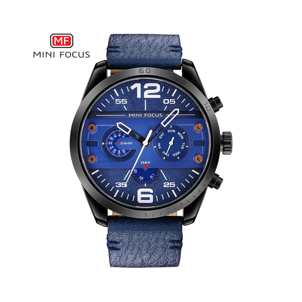 MINI FOCUS Leather Strap Quartz Chronograph Waterproof Sport Time Mens Casual Big Wristwatch Male Clock
