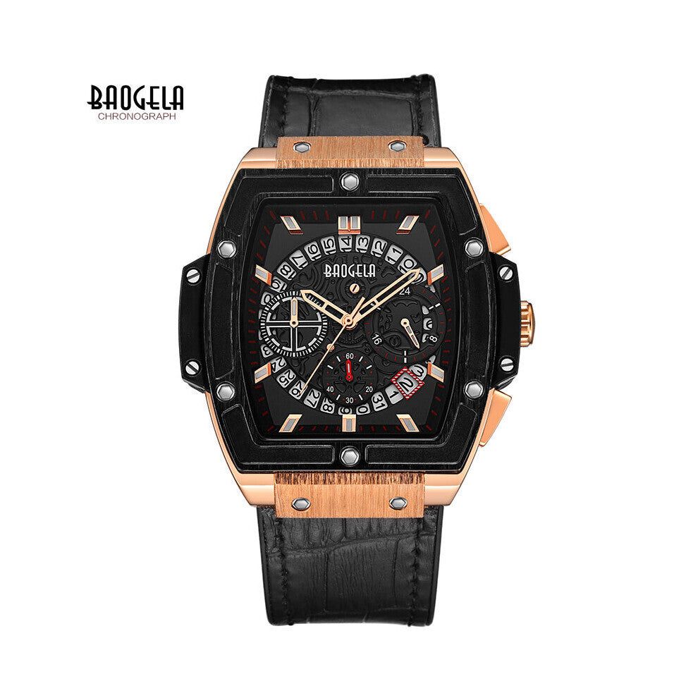 Men's Sports Chronograph Quartz Watches Leather Strap 24-hour Display Army Wristwatch for Man 1703Black