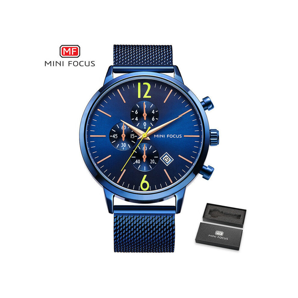 MINI FOCUS Quartz Mens Watches Top Chronograph Auto Date Multifunction Mesh Strap Wristwatch Man