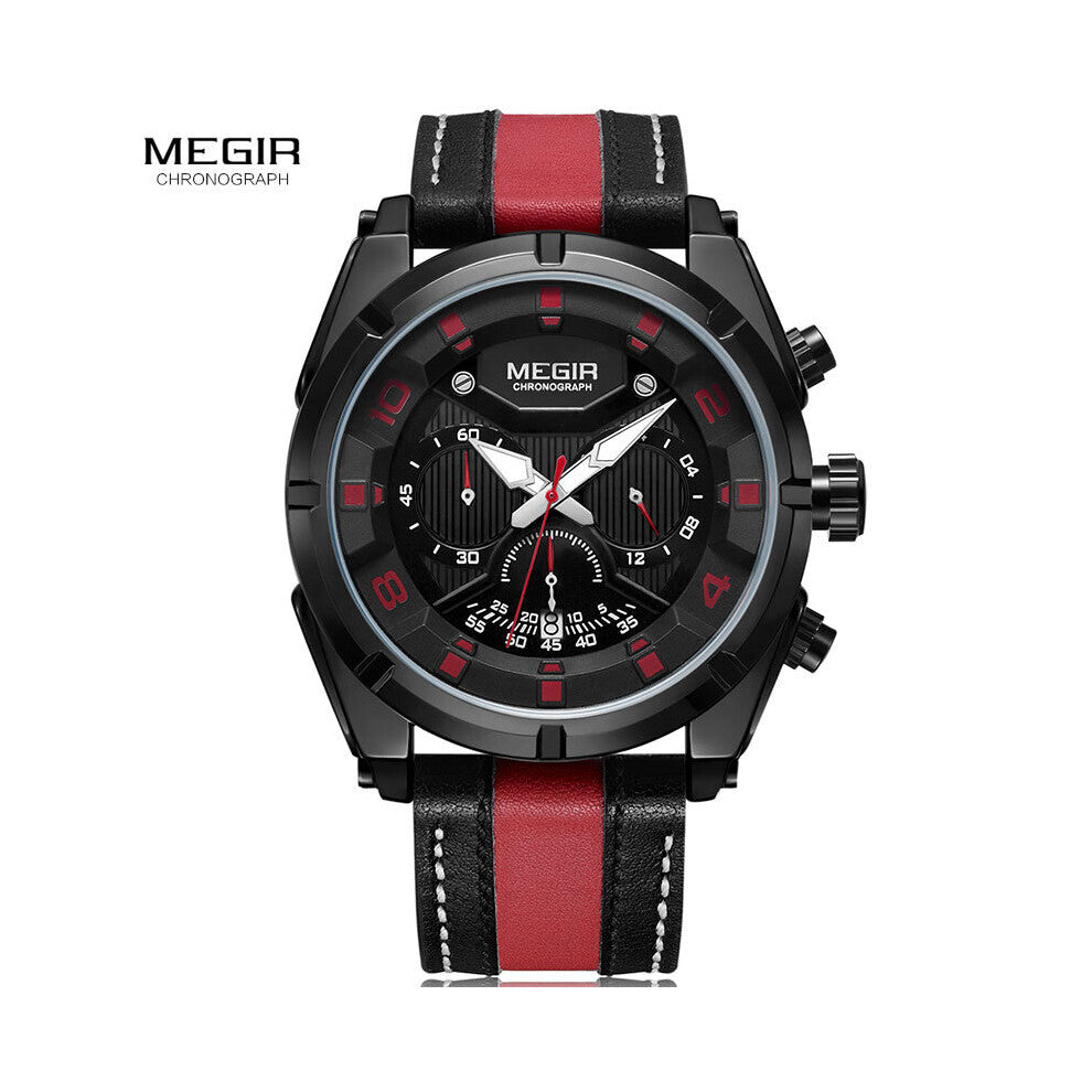 Chronograph Sports Quartz Wrist Watches Men Clock Leather Army Luminous Watches Hour Time Relogio Masculino Red 2076White