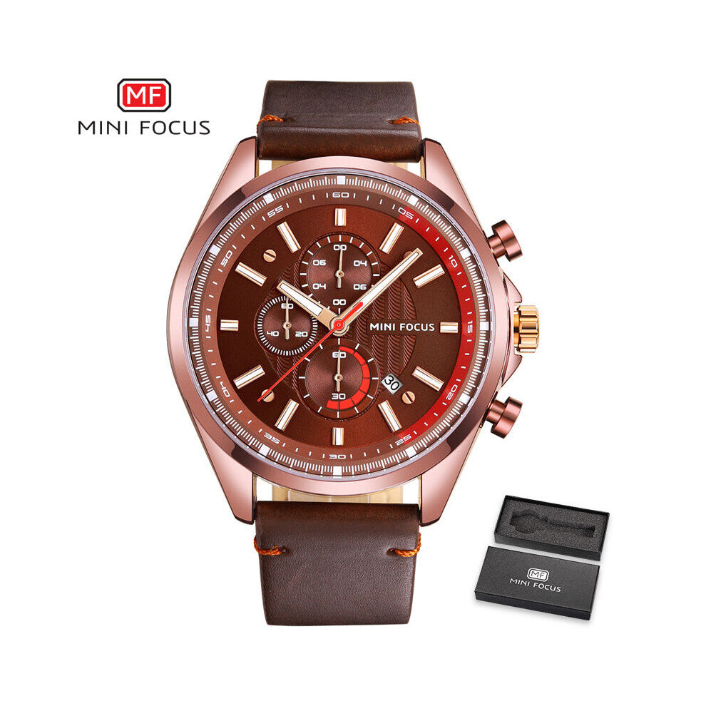 MINI FOCUS Quartz Watch Men Brown Leather Strap Waterproof Sport Chronograph Top Wrist Watches