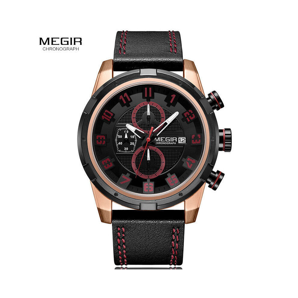 Men's Chronograph Quartz Wrist Watches Man Clock Sports Army Leather Strap Stop Watch Relogios Masculino 2082GS-BK-7