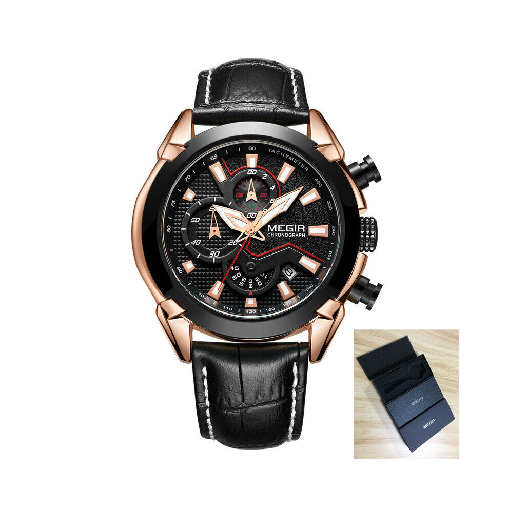 Mens Watches Top Leather Chronograph Quartz Watch Men Sports Waterproof Male Clock Relogio Masculino+Box