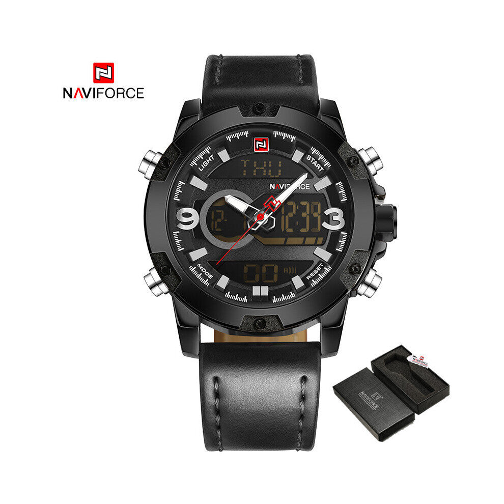 Mens Watches Dual Display Digital Chronograph Sport Wristwatch Waterproof Military Leather Quartz Watch