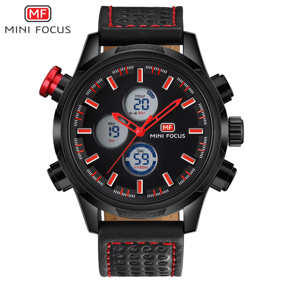 MINI FOCUS Waterproof Quartz Watches for Men Military Digital Dual Time Leather Strap Chronograph ???? ??????? ????????