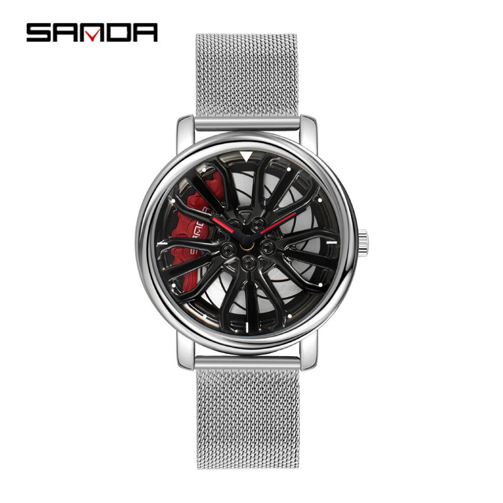 Sanda Military Men's Watch Rotating Car Wheel Tires Dial Watches Sport Wristwatch Steel Mesh Strap Wrist Clock Relogio