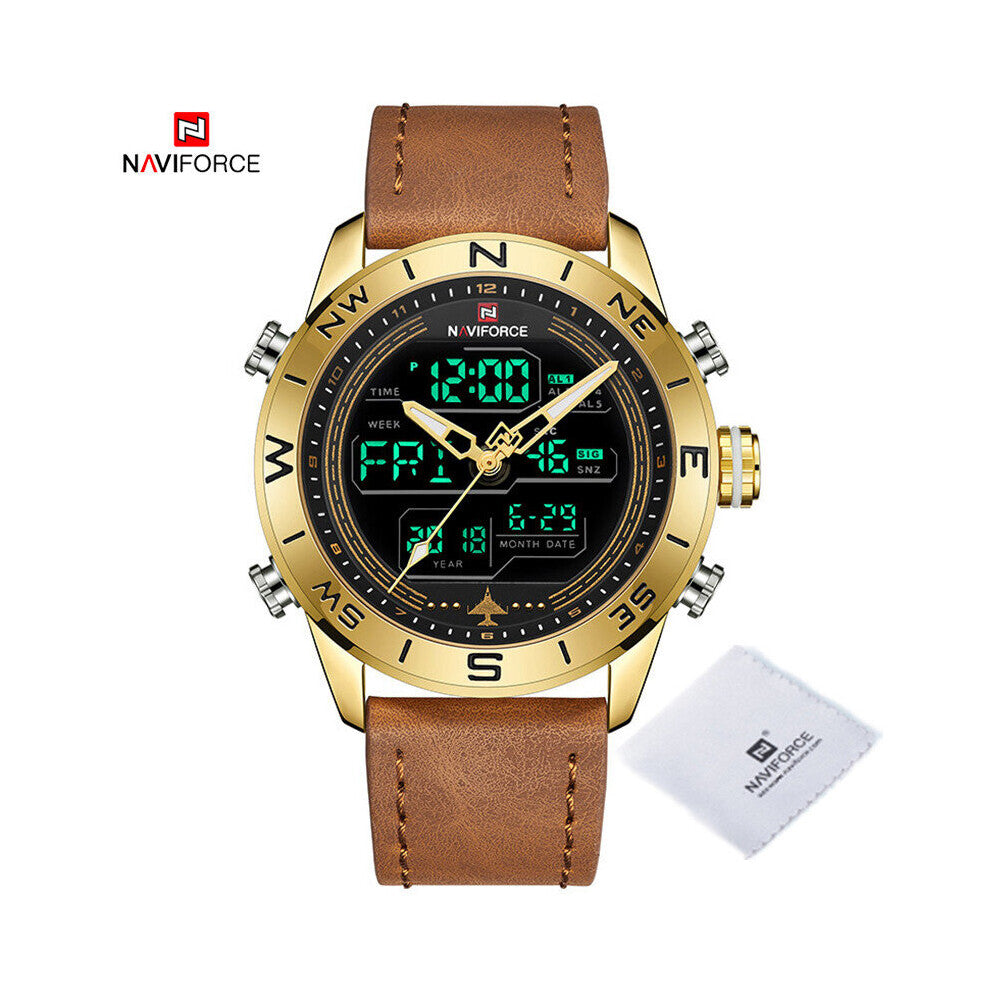 Mens Sports Watches Casual Dual Display Digital Male Watch Army Military Leather Band Analog Quartz WristWatch