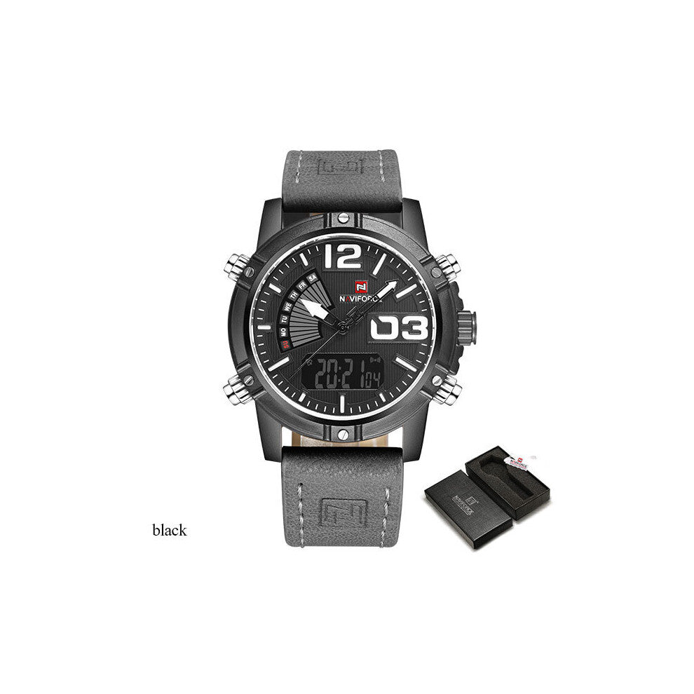 Dual Display Watch Men Sport Quartz LED Watches Leather Band Analog Digital Wrist Watches 30M Waterproof Clock