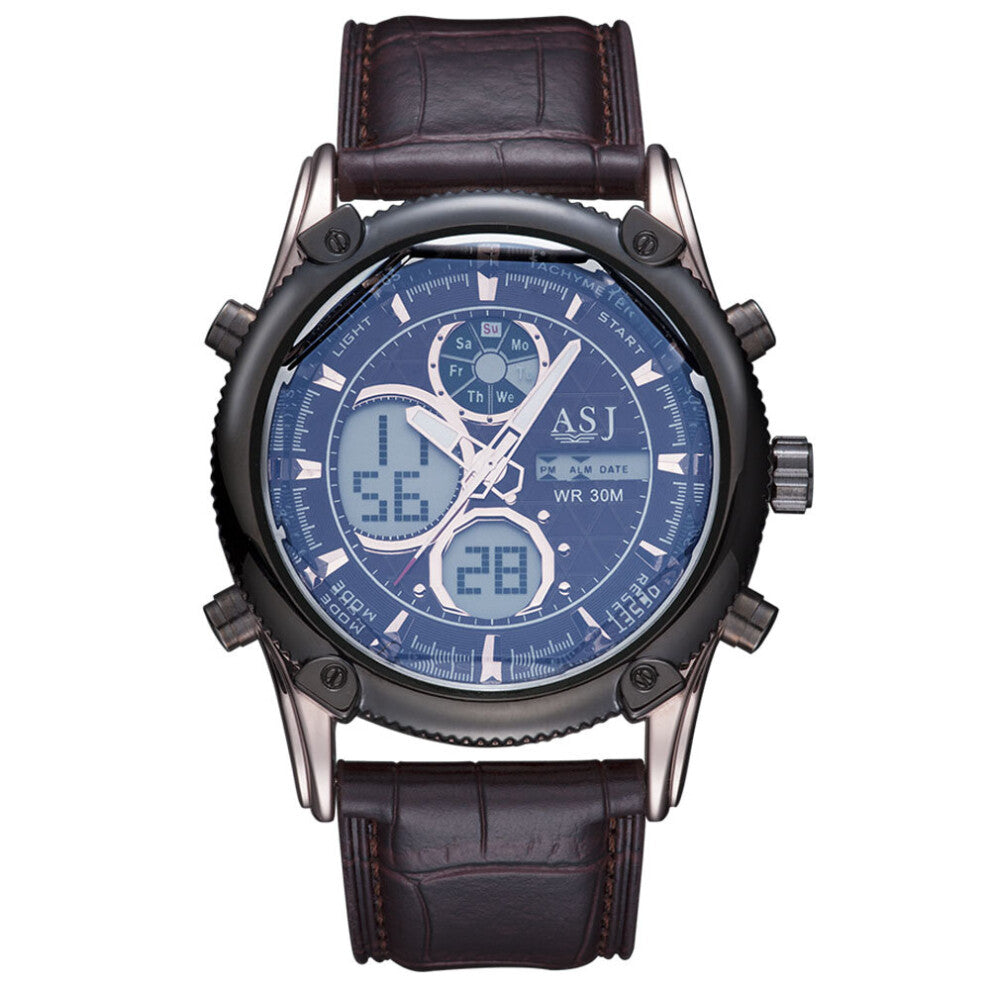 Men Leather Strap Sport Watch Analog Digital Dual Time Zones Wrist Watches Chronograph Alarm Calendar Quartz Wristwatches