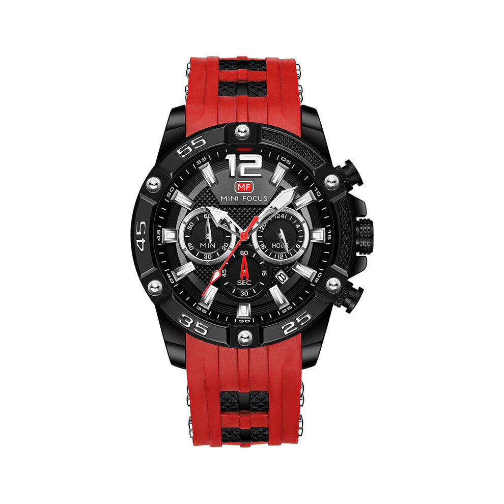 MINI FOCUS Military Sport Watches for Men Red Silicone Strap Chronograph Quartz Wristwatch with Luminous Hands Date 0349