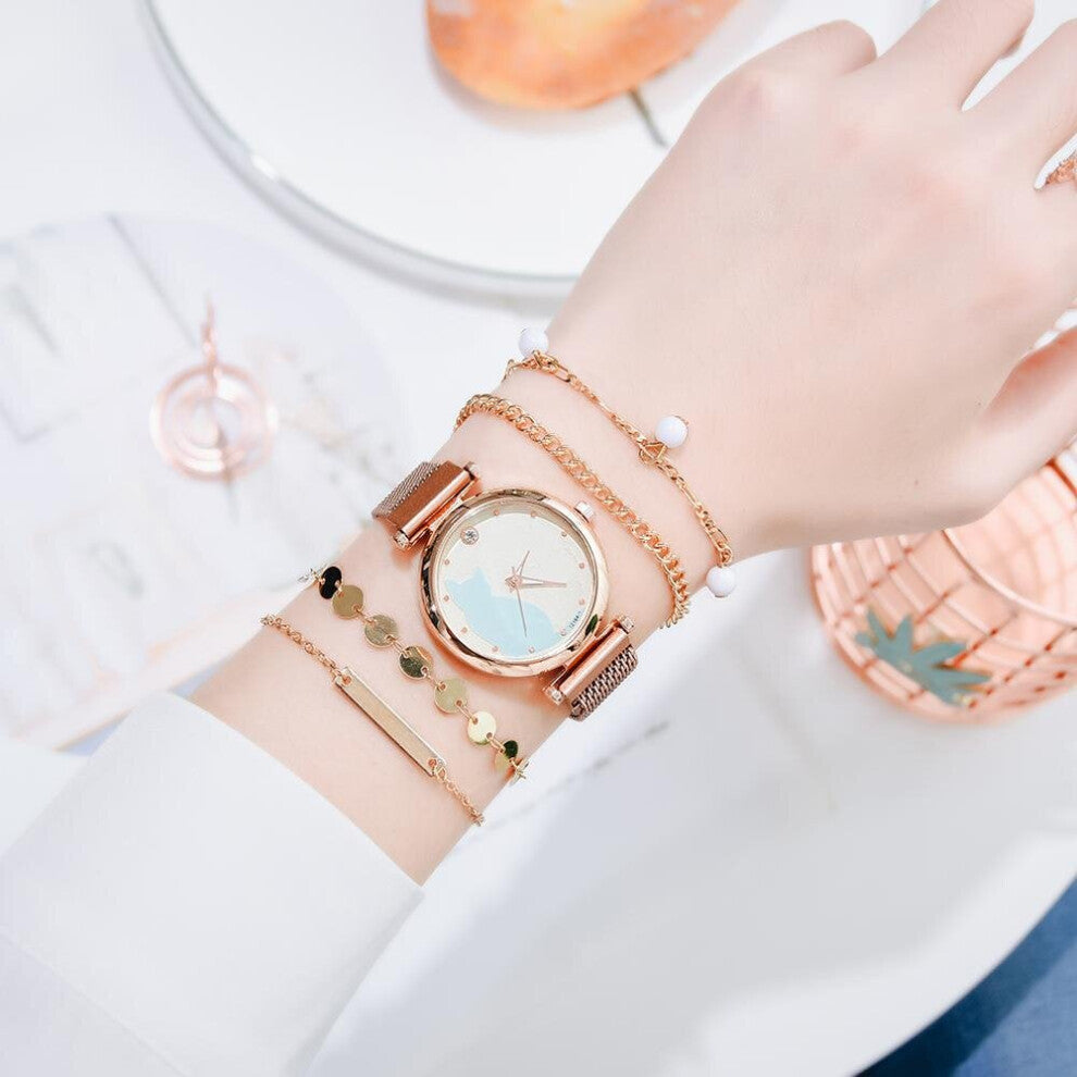 5pcs Set Watches For Women Magnet Cat Pattern Pink Watch Women Quartz Wristwatch Ladies Bracelet Watch