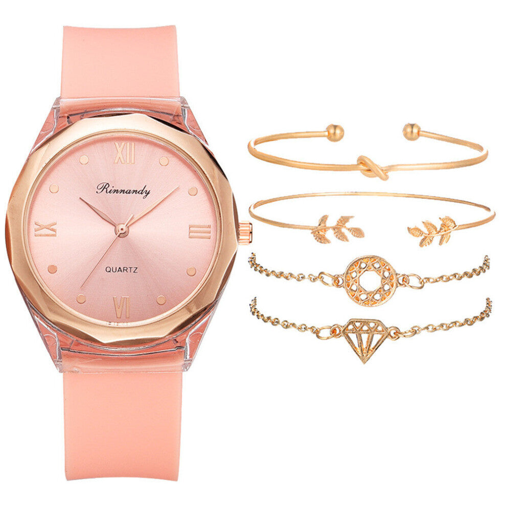 5pc Set Casual Rubber Strap Ladies Wristwatches Ladies Dress Watches Rome Dial Female Quartz Clock Bracelet Watch Gift