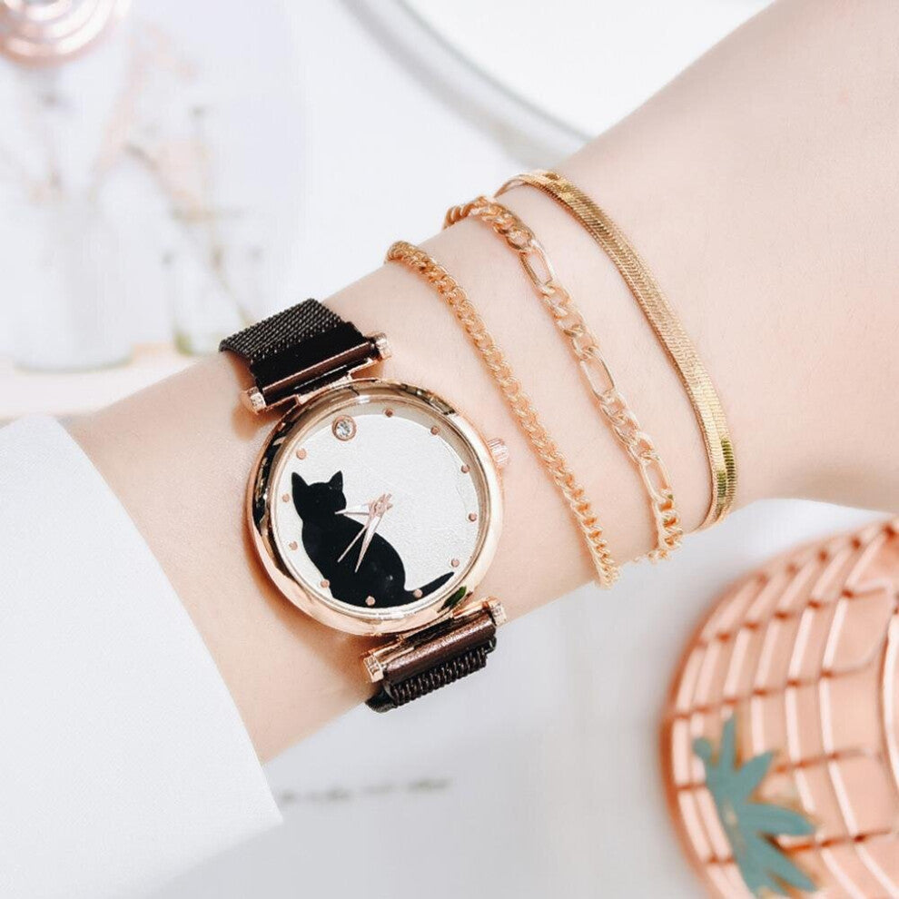 4pcs Women Set Watches Dress Magnetic Cat Pattern Pink Ladies Wrist Watch Bracelet Watch relogio feminino