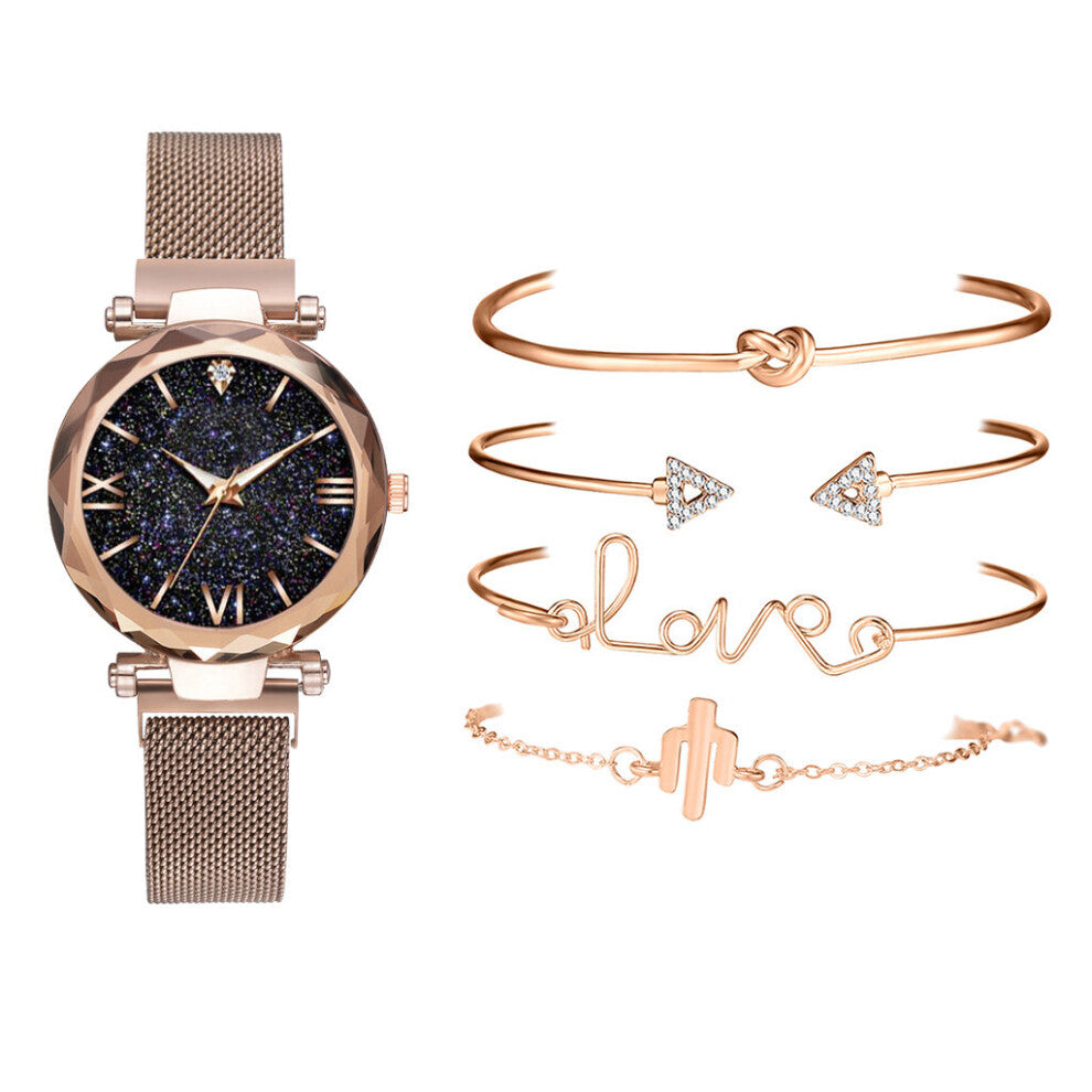 5PCS -Set Bracelet Watches For Women Rose Magnetic Women's Dress Clock Female Relogio Feminino