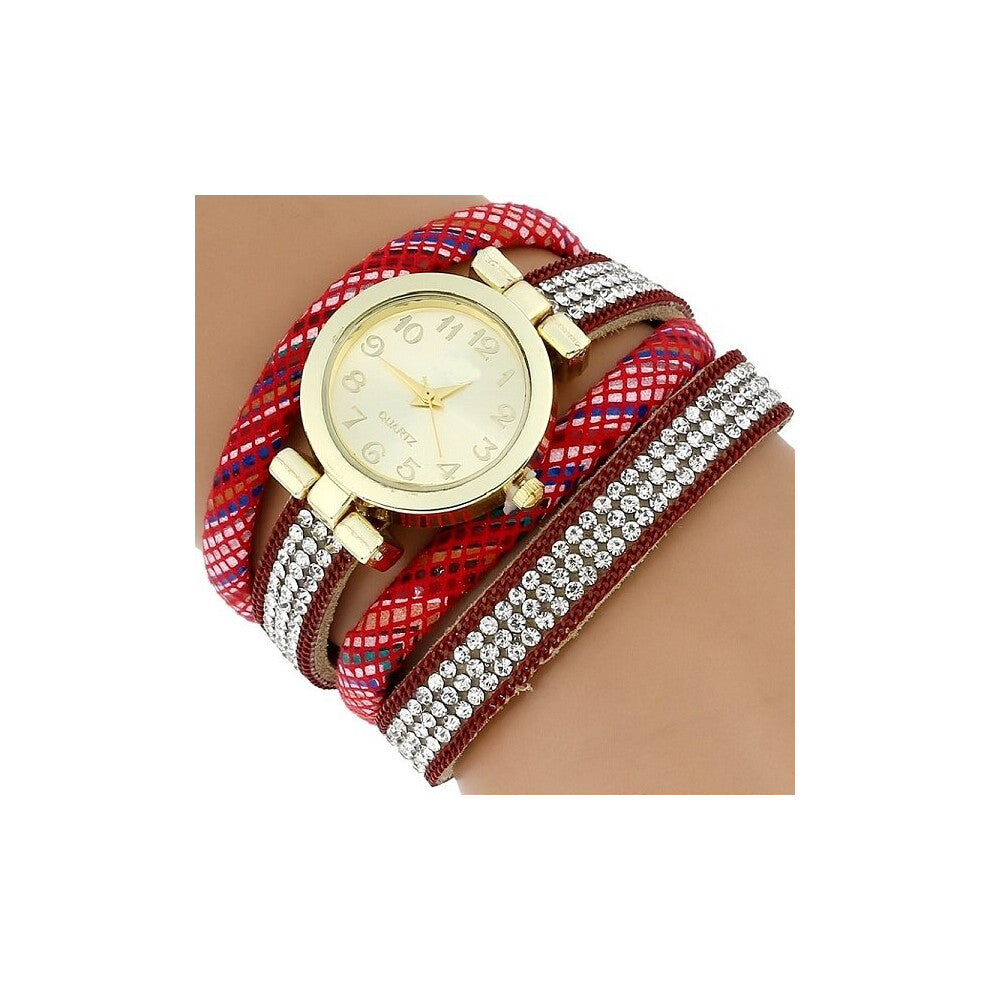 Strip Wrap Leather Bracelet Watch Women Casual Rhinestone Dress Vintage Wristwatch Quartz Watch Clock Gif