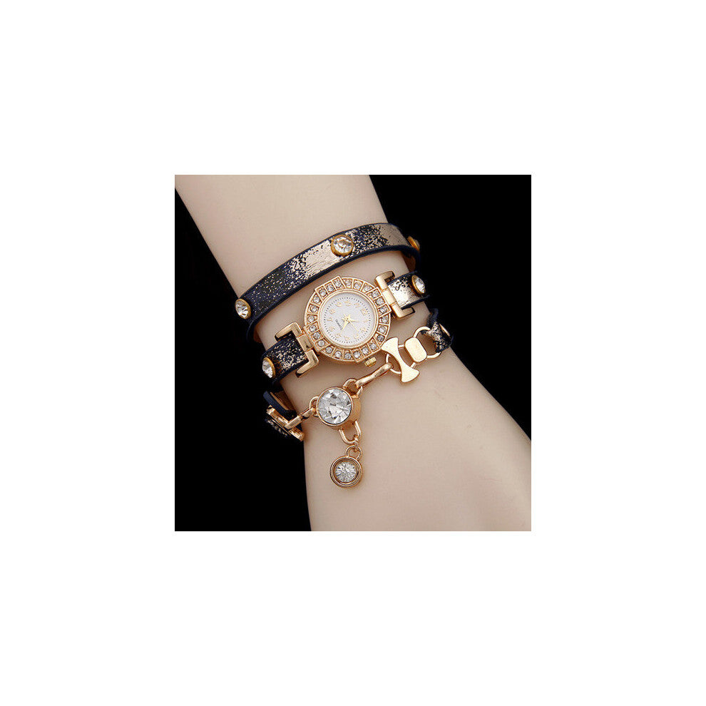 women leather watch rivet diamonds winding rhinestone pendant bracelet watches quartz watch montre femme