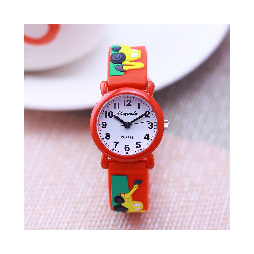 Chaoyada Children Boys Girls 3D Cartoon Excavator Silicone Strap Wrist Watches Little Kids Students Learning Time Watch