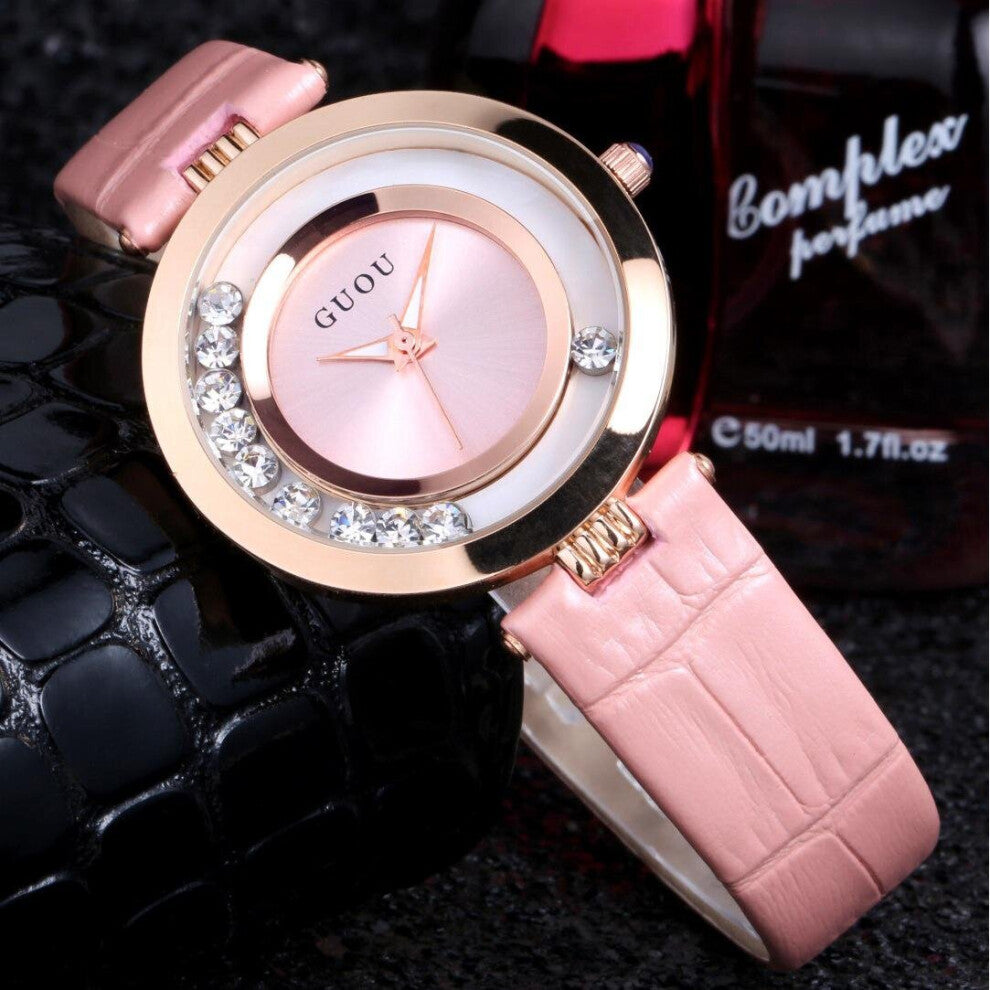 High GUOU Sales Women Rolling Drill Watches Quicksand Real Leather Gift Watch Rhinestone Wristwatches