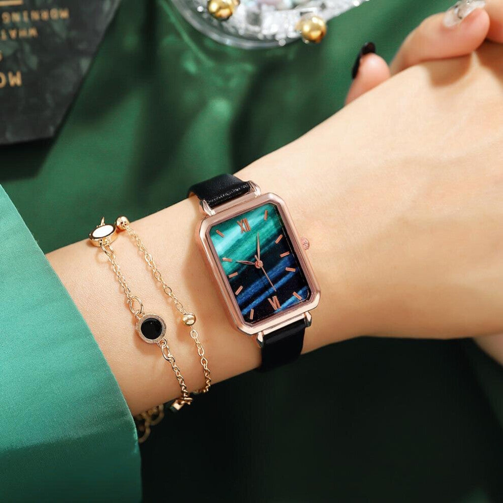 Watch Women Rectangle Dial Dress Bracelet Watches Set Ladies Leather Band Quartz Wristwatch Female Clock Zegarek Damski