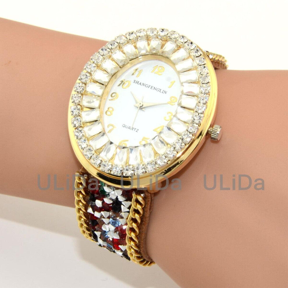 Colors Rhinestone Wristwatches Snap Fastener Oval Dial Numerals Women Dress Watch Bracelet Watches