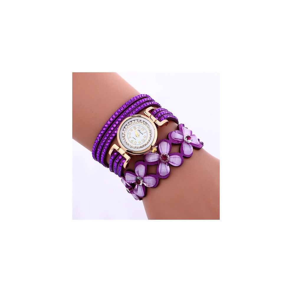 Women Flower Crystal Clock Quartz Watch Casual Leather Rhinestone Bracelet Watch Relogio Feminino