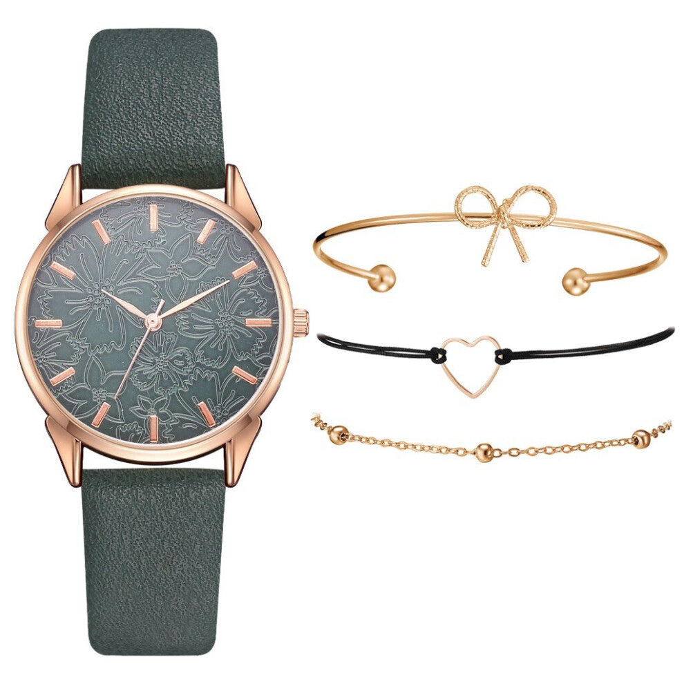 4pcs?New Women Watches Bracelet Set Printing Ladies Bracelet Watch Casual Leather Quartz Wristwatch Clock Gift Relogio Feminino