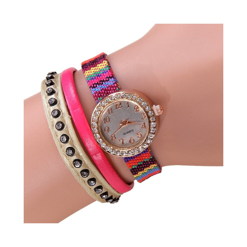 Gnova Platinum Bracelet Watch Women Rhinestone Strap Ethnic Fabric Quartz Crystal wristwatch casual dress A086