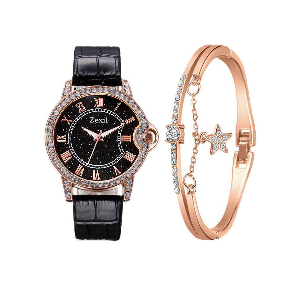 2PCS -Set Women Bracelet Watches Leather Belt Ladies Dress Casual Quartz Clock Watch Women's Wristwatch