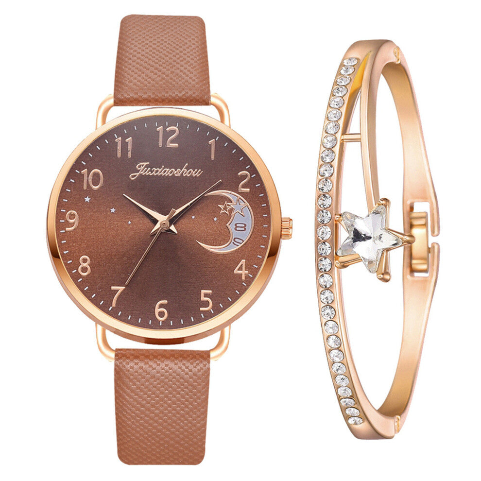 Casual Ladies Alloy Bracelet Watches Women's Quartz Wristwatch Delicate Moon Dial Leather Strap Gift Watch Montre Femme