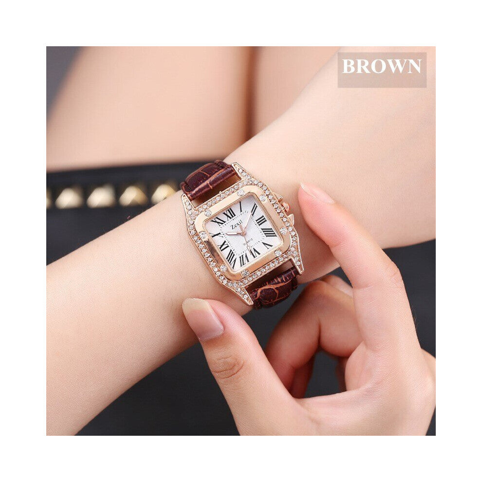 Women Diamond Watch Starry Square Dial Bracelet Watches Set Ladies Leather Band Quartz Wristwatch Female Red Pink Student Clock