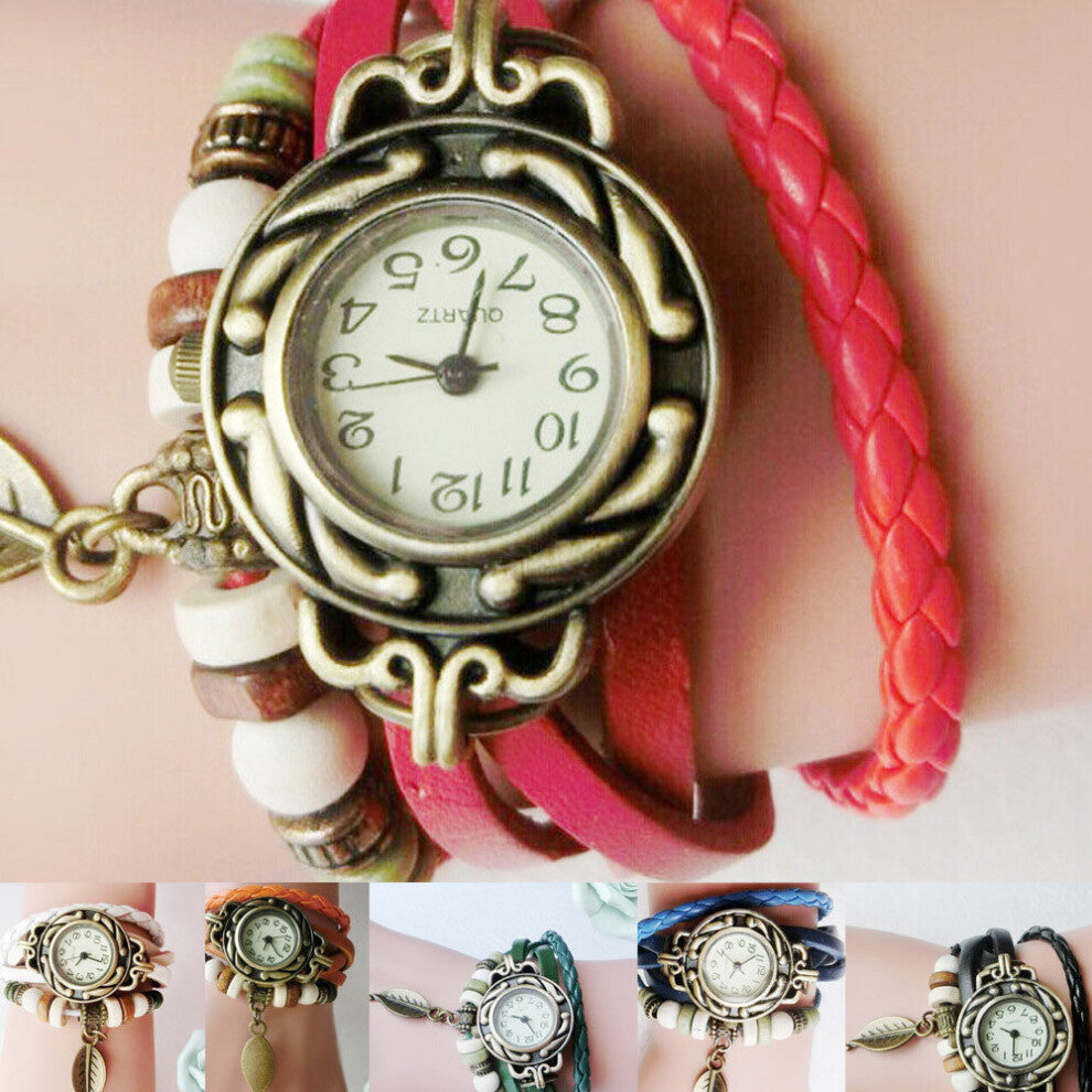 Women Children Retro Leather Bracelet Watch Winding Leaf Pendant Ladies Watches Creative Mesh Belt Female Fash Lady Watches