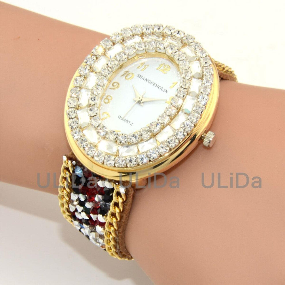 Sweet Colors Snap Fastener Wristbands Oval Numerals Crystals Dial Women Dress Watch Bracelet Watches