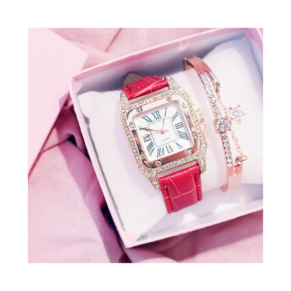 Women Square Diamond Bracelet Watches Set Ladies Leather Quartz Wristwatches Female Clock Zegarek Damski