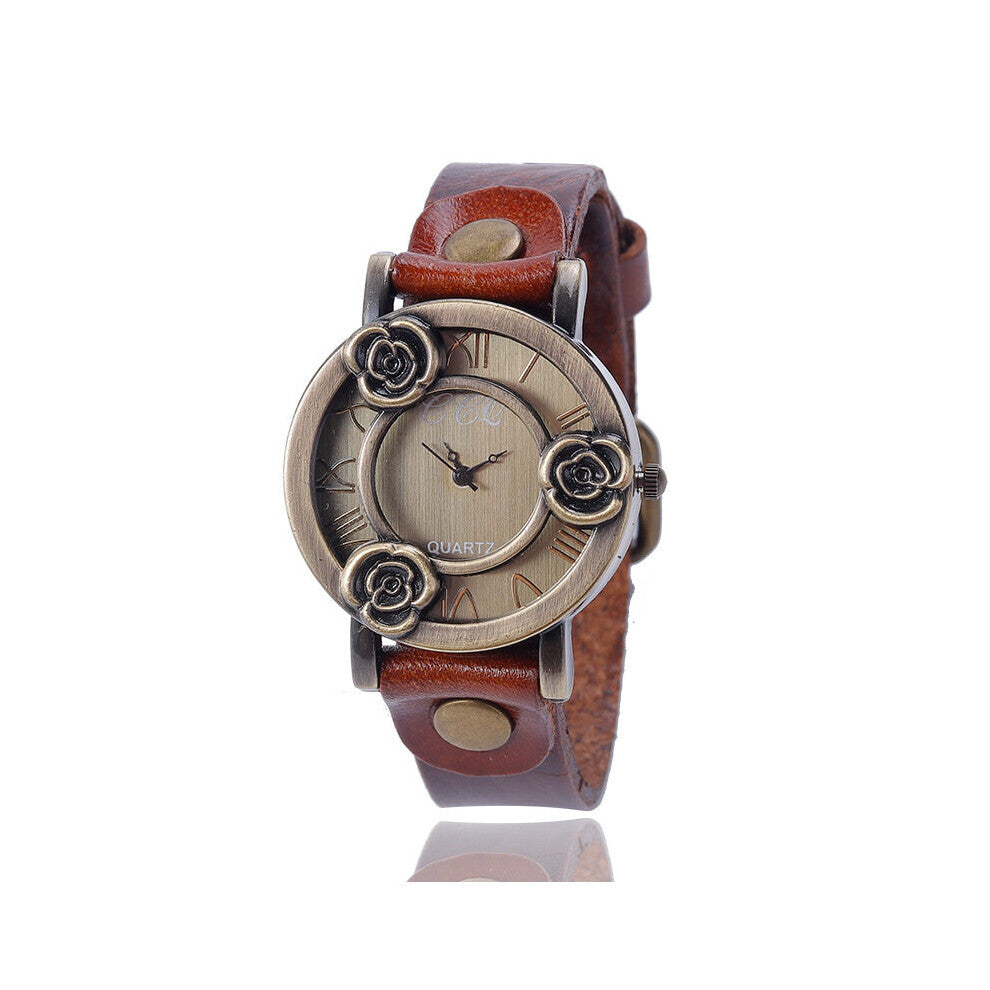 Rose Antique Cow Leather Strap Watches Women Dress Bracelet Watches Female Bronze Quartz Watch Student Leisure Watches