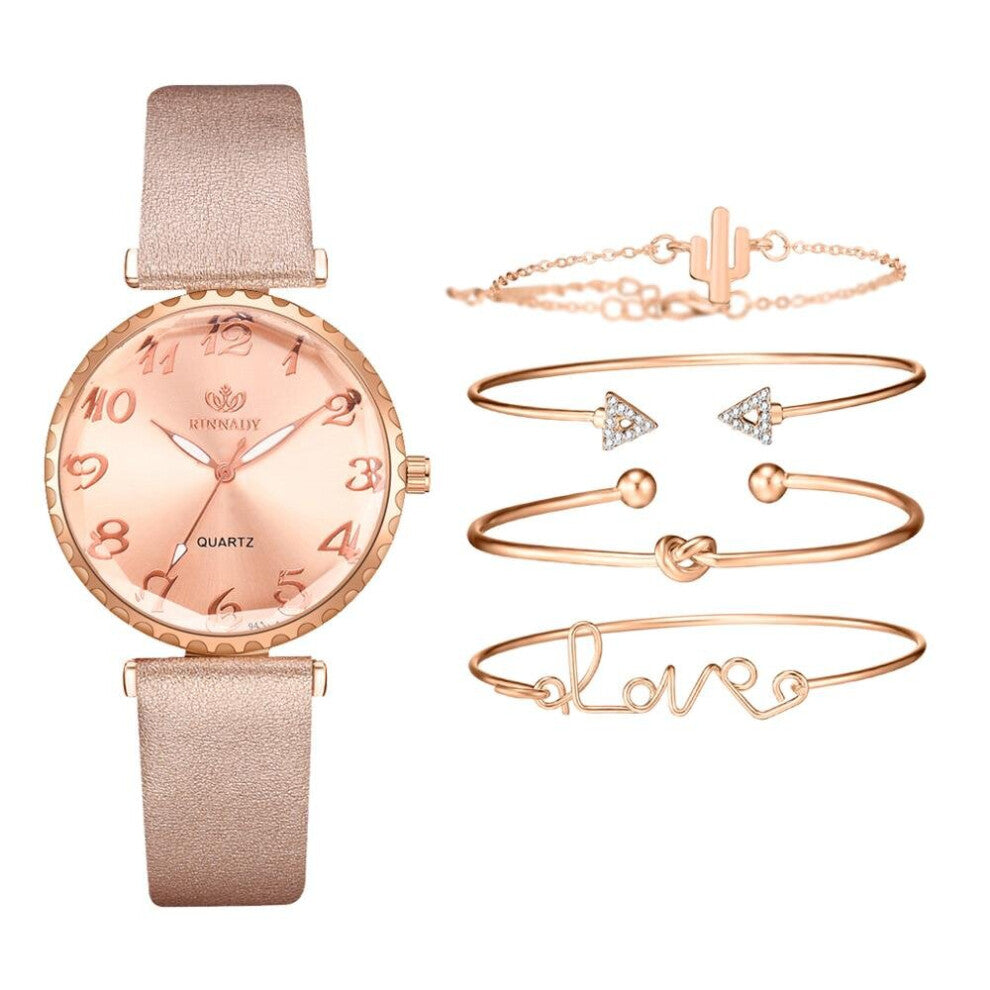 5pc-set Women Watches Round Arabic Numerals Leather Watch Women Dress Ladies Wristwatches Bracelet Watch Set