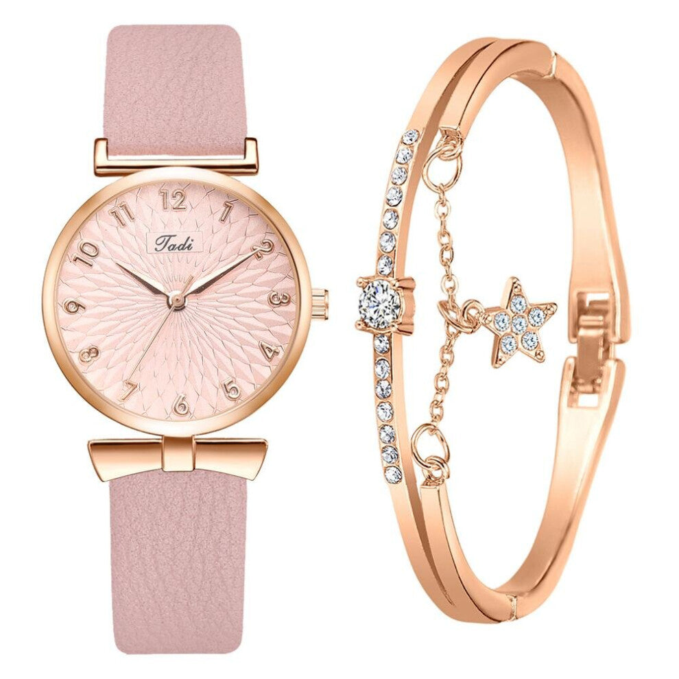 2PC Set Women Watches Bracelet Set Floral Dress Ladies Bracelet Watch Casual Leather Quartz Watch Relogio Feminino