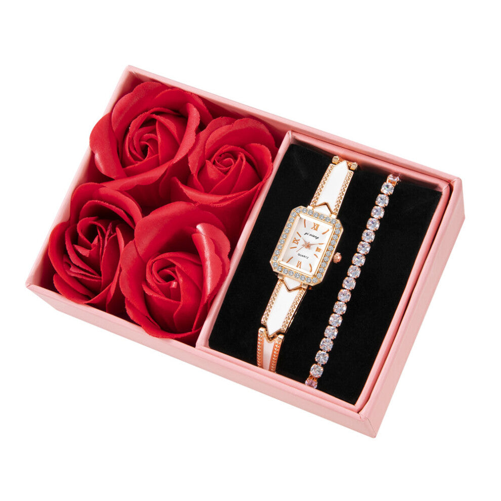 4 In One Rose Bracelet Watches Set With Box For Women Gift Ladise Wristwatch Bracelet Birthday Memorial Gift