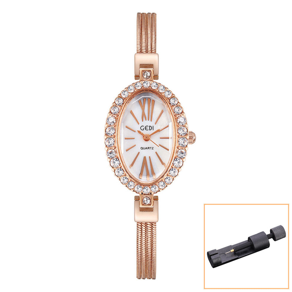 GEDI Rose Full Diamond Women Watches Top Oval Shaped Quartz Stainless Steel Bracelet Watch Ladies Gift
