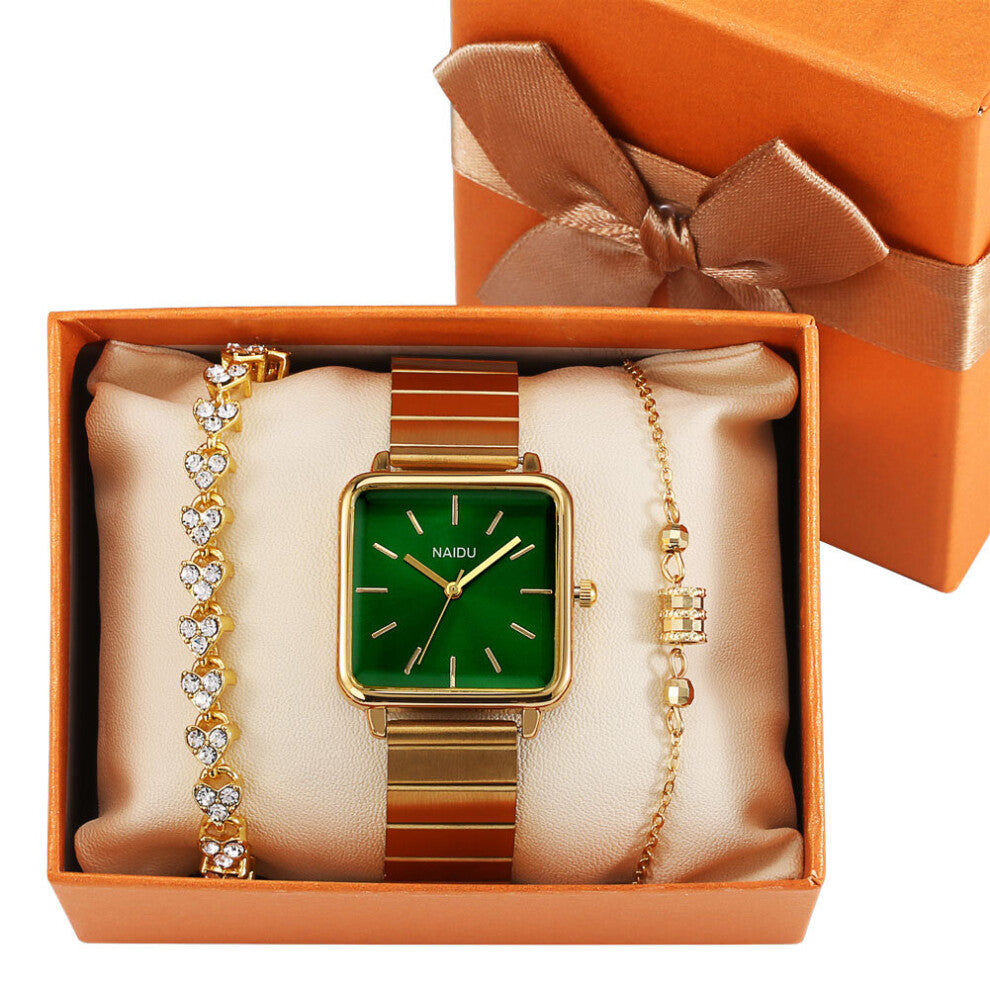 Women Bracelet Watches Gift Set for Women Square Stainless Steel Quartz Watch Green Dial Women Watches