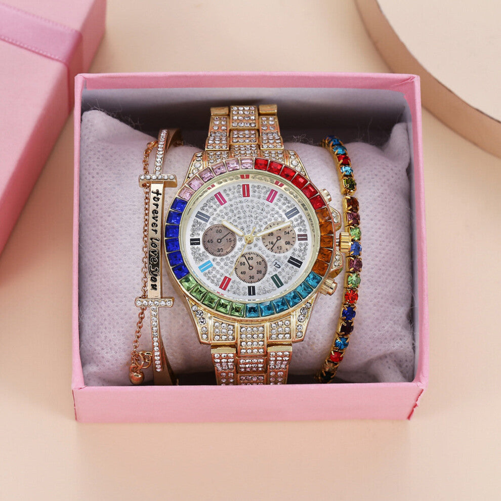 3Pcs-Set Woman Watch Bangle Bracelet Watches for Women Girl Waterproof Full Diamond Wristwatch Set